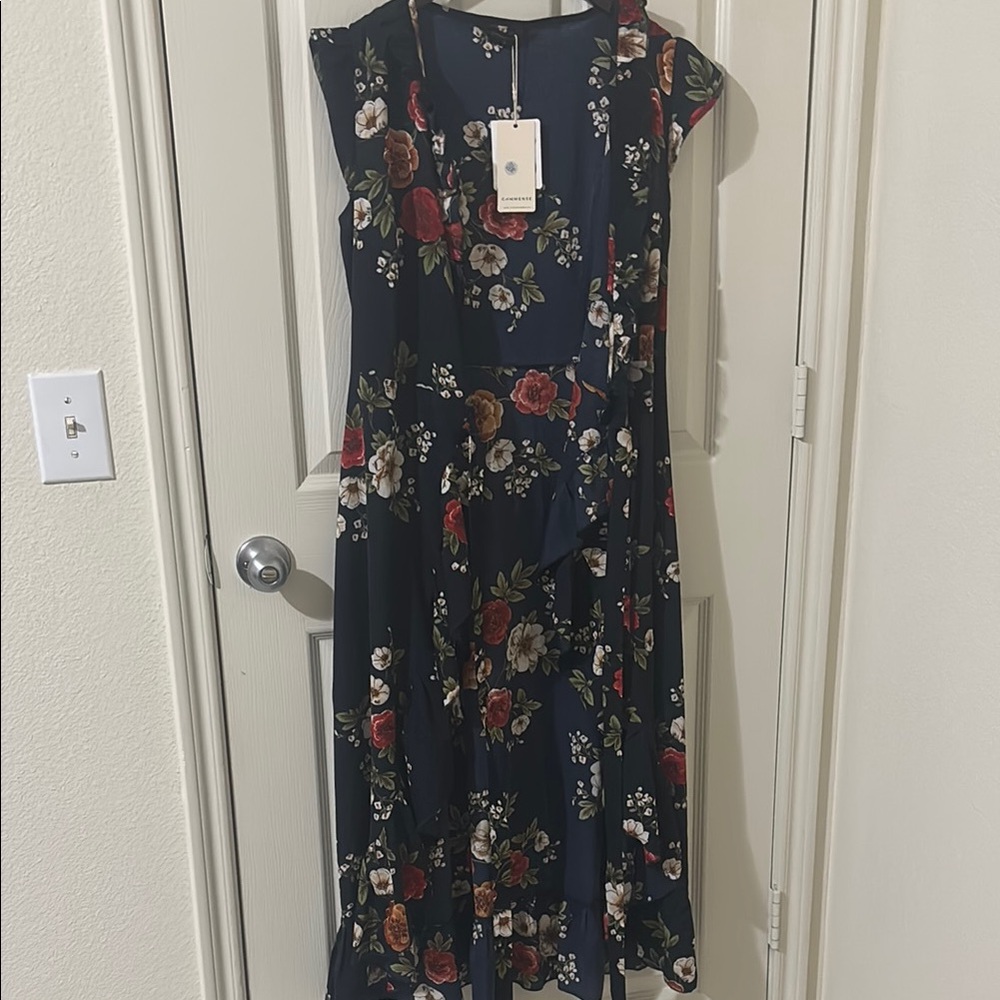 Floral Sleeveless Dress - Navy and Red